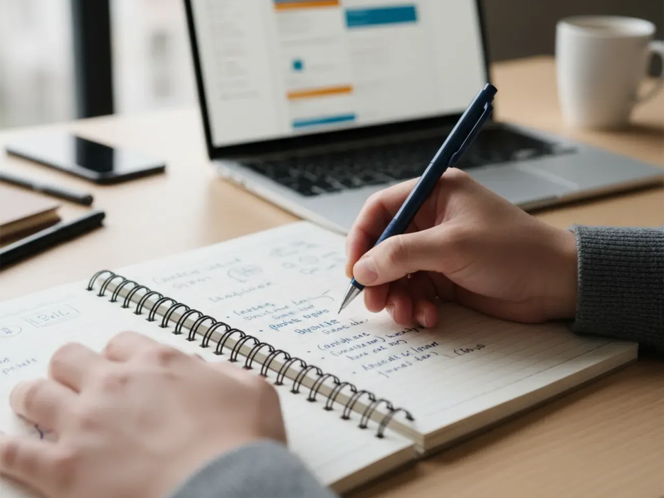 Persoon schrijft in boekje